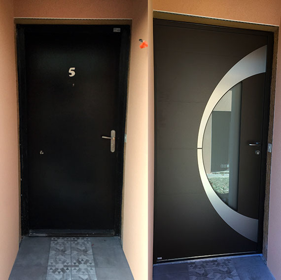 Porte d'entrée ZILTEN en aluminium Modèle ATLANTIDE 15 Coloris BRUN 2650 ext et GRIS 2900 - Chantier VIENNE